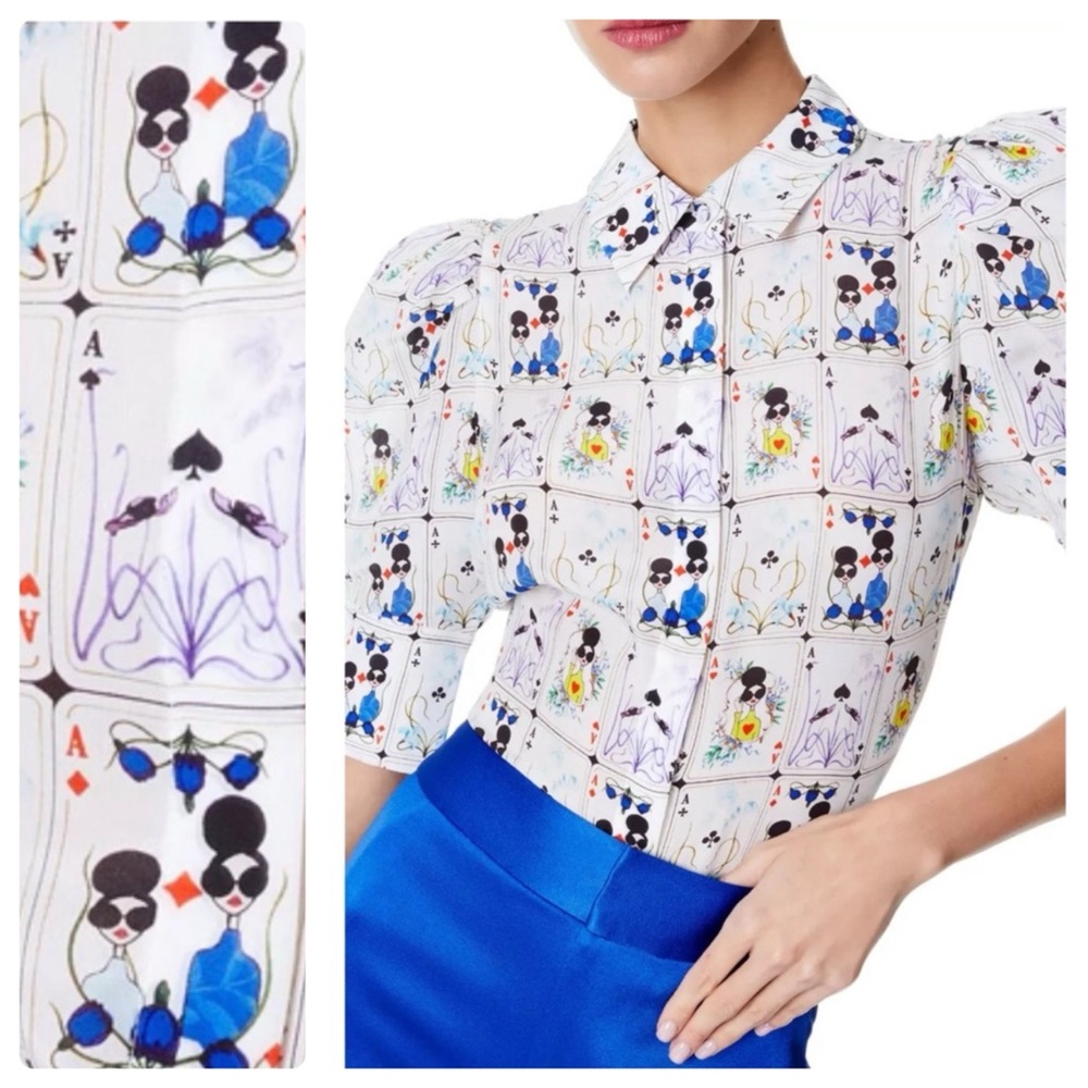 ALICE + OLIVIA Willa Printed Silk Puff Sleeve Top - Picture 4 of 13